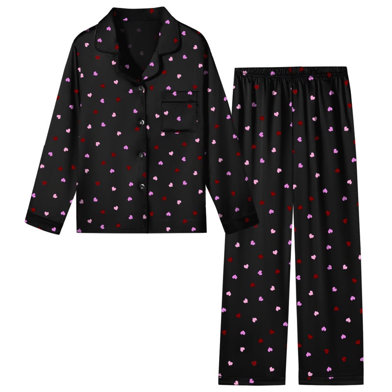 Schbbbta Girls Pajamas, Satin Silk Button Down Pjs Soft Long Sleeve Shirt Pants 2Pcs Sleep Set Loungewear Outfits for Kids, Heart Black, 9-10 Years = Tag 150 - Image 1