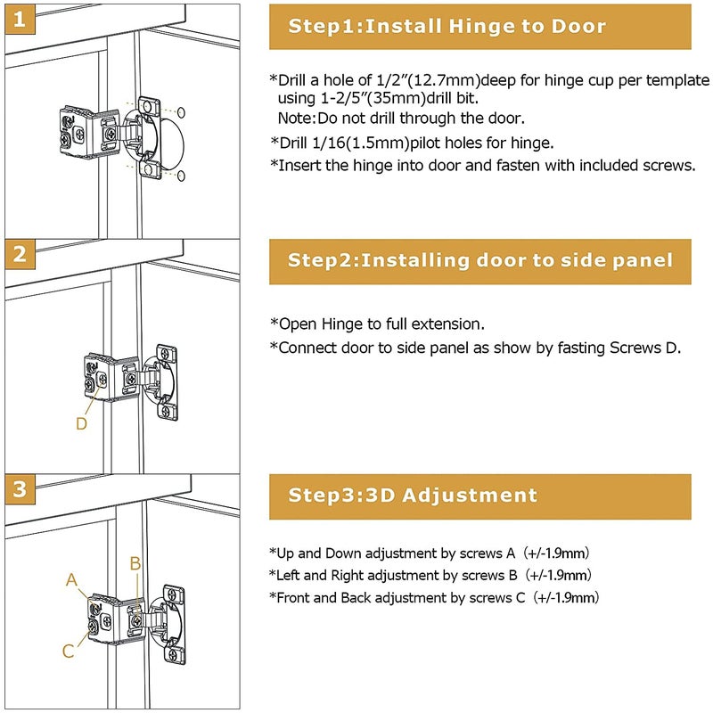 Furniware 50 Pieces 1/2 inch Overlay Soft Close Cabinet Hinges for Face Frame Cabinet, Stainless Steel, 105Â° Opening Angle, Concealed Self Closing Door Hinges- 3 Way Adjustment - Image 3