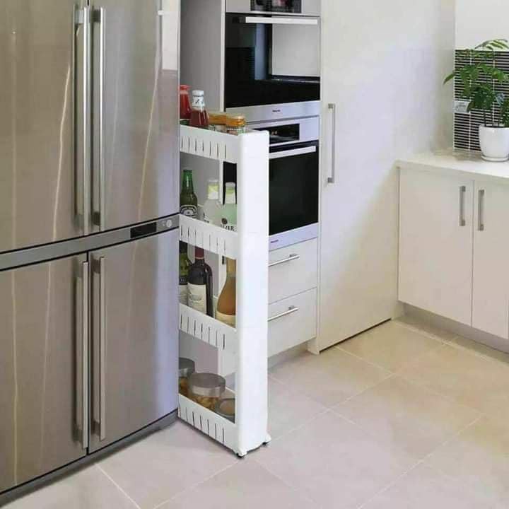 4 - Shelf Turbo Organizer for Kitchen and Bathroom, White and Beige Plastic, Space Saving Vertical Shelves to Organize and Store Kitchen and Bathroom Supplies, Portable Organizer with Wheels - Image 1