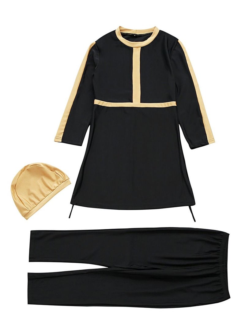 Loquat Girls Conservative And Loose 3-Piece Swimwear Set Long Sleeve Burkinis Swimsuit Set Black/Brown  - Image 2