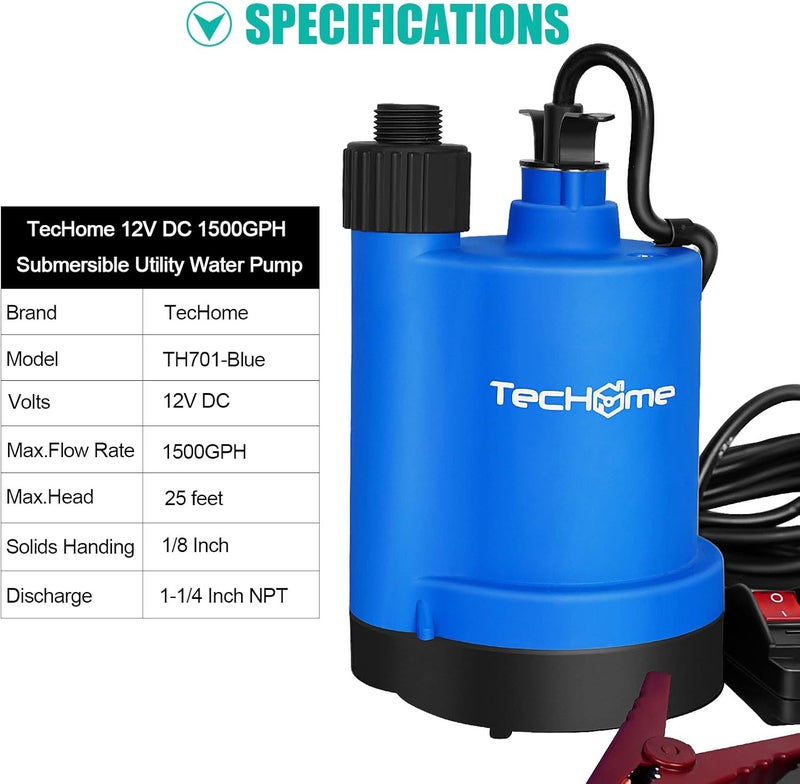 Techome 12v Pump，1500GPH Water Transfer Pump Sump Pump Submersible Water Pump, With 20 Feet Power Cord. - Image 2