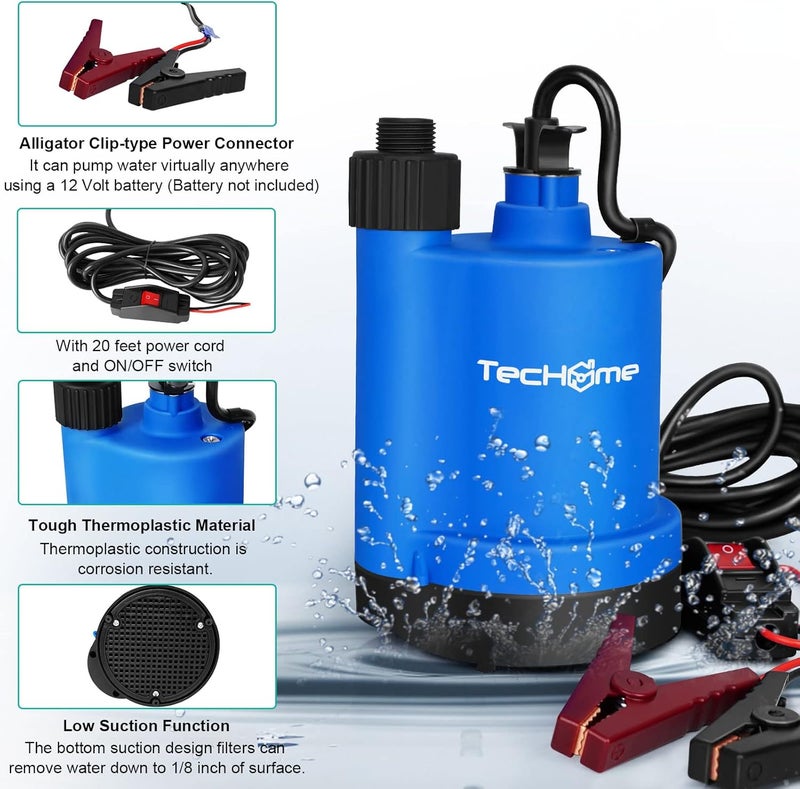 Techome 12v Pump，1500GPH Water Transfer Pump Sump Pump Submersible Water Pump, With 20 Feet Power Cord. - Image 5