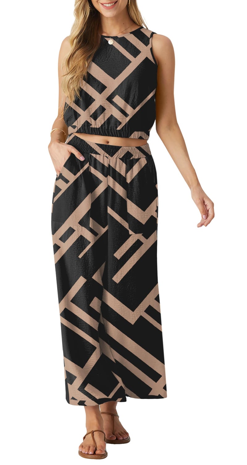 GRECERELLE 2 Piece Outfits for Women Sleeveless Crop Top Wide Leg Pants Cruise Outfits for Women 2026 Black Rectangle-S - Image 2