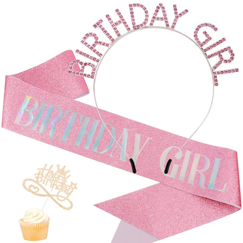 AOPRIE Birthday Girl Headbands Sash Tiara Crown for Women Girls Rhinestone Happy Birthday Accessories Favor Supllies Gold Pink 3 Pack