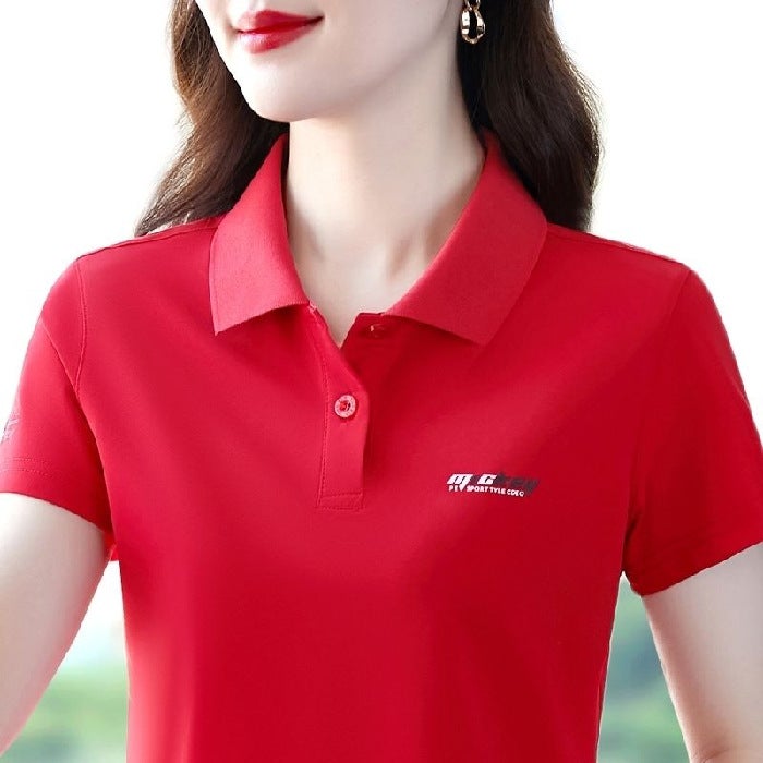 Korean Slim-Fit Polo Shirt Summer Casual Tee Women A31-Red  - Image 1