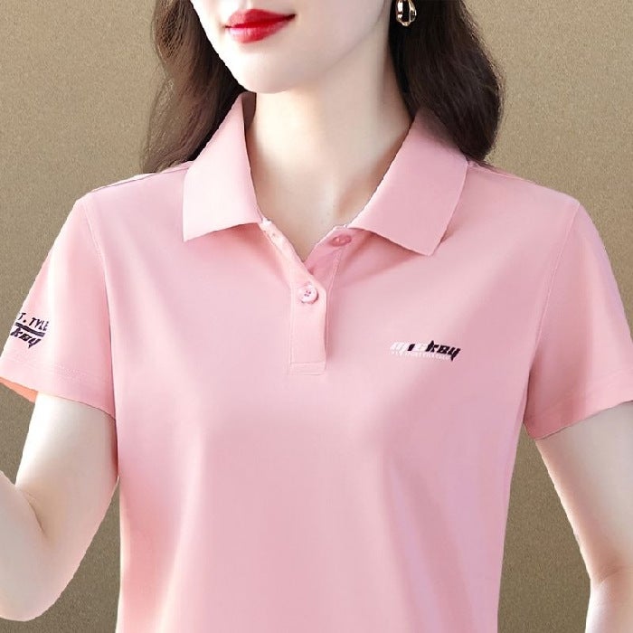 Korean Slim-Fit Polo Shirt Summer Casual Tee Women A31-Red  - Image 3
