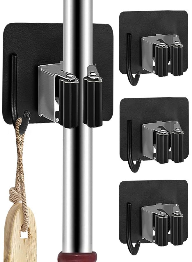 SITTELLA® 4 Pieces Stainless Steel 1 Rack with 1 Hook Heavy Duty Wall Mounted Broom and Mop Stick Holder, Hanging Tools for Home Kitchen Garden Laundry Garage (Black) - Image 1