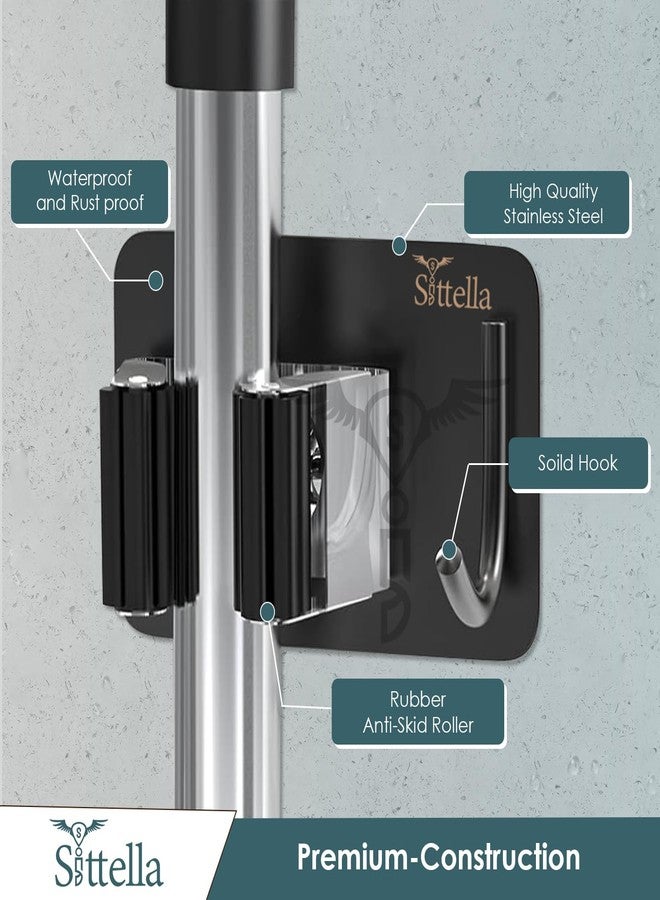 SITTELLA® 4 Pieces Stainless Steel 1 Rack with 1 Hook Heavy Duty Wall Mounted Broom and Mop Stick Holder, Hanging Tools for Home Kitchen Garden Laundry Garage (Black) - Image 3
