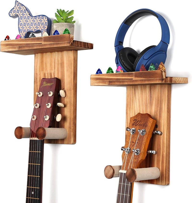 Keebofly Guitar Wall Hanger,2 Pack Guitar Wall Mount Holder Guitar Hanger Shelf with Pick Holder Solid Pine Wood Guitar Rack for Acoustic or Electric Guitar,Ukulele,Bass,Mandolin Brown，[Patented] - Image 1