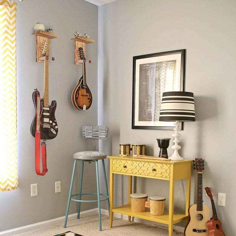 Keebofly Guitar Wall Hanger,2 Pack Guitar Wall Mount Holder Guitar Hanger Shelf with Pick Holder Solid Pine Wood Guitar Rack for Acoustic or Electric Guitar,Ukulele,Bass,Mandolin Brown，[Patented] - Image 5