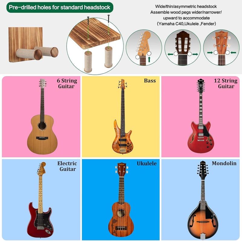 Keebofly Guitar Wall Hanger,2 Pack Guitar Wall Mount Holder Guitar Hanger Shelf with Pick Holder Solid Pine Wood Guitar Rack for Acoustic or Electric Guitar,Ukulele,Bass,Mandolin Brown，[Patented] - Image 3