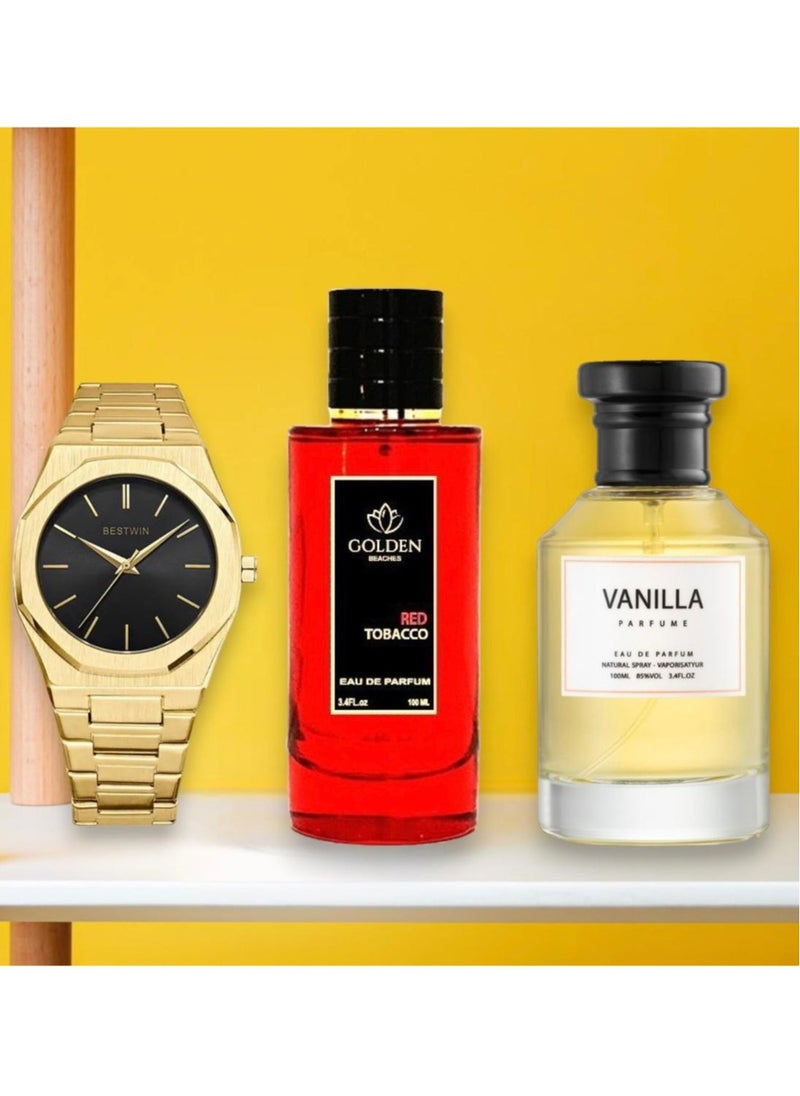 Bestwin A luxurious gift set consisting of a men's slim watch inspired by the famous D1 Milano watches, and two unisex Vanilla and Red Tupac perfumes for unisex inspired by Mancera perfumes with high stabilit  - Image 1