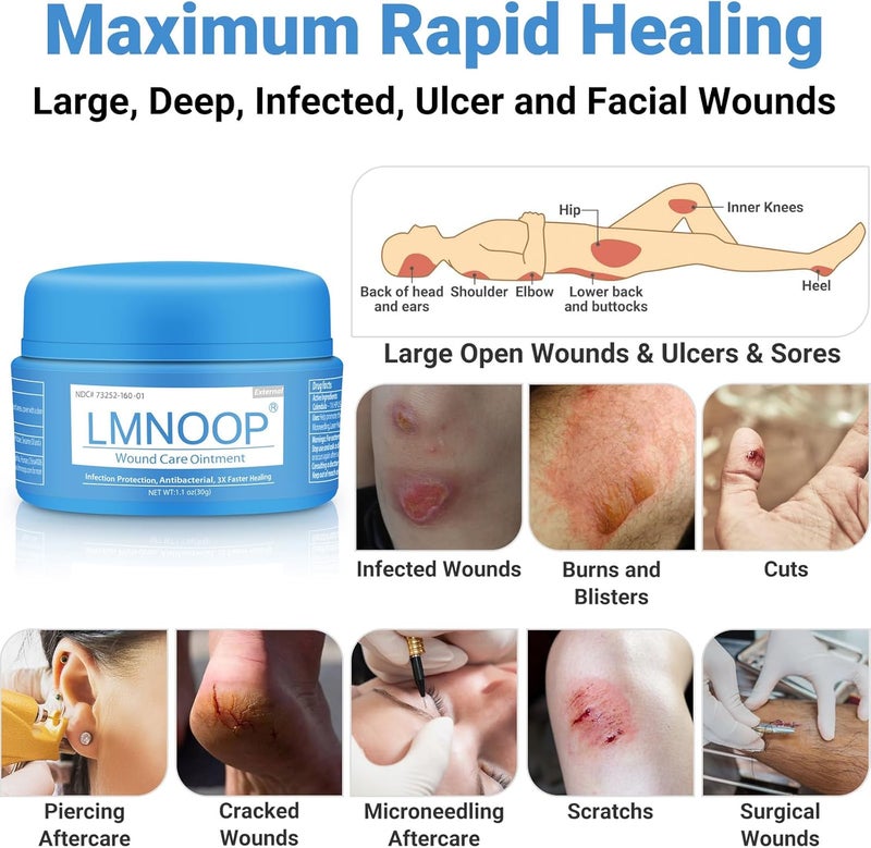 LMNOOP كريم العناية بالجروح LMNOOP لعلاج العدوى والقرحات والجروح والقطع والخدوش والحروق والعضات والجروح الجراحية المفتوحة والعميقة والجروح المتنوعة مرهم الإسعافات الأولية لإصلاح البشرة للجروح التي يصعب شفاؤها في الظهر والساق والأرداف - Image 3