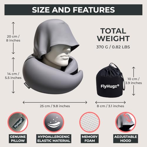 FlyHugz® 2.0 Hooded Travel Pillow – 2026 Original Release – Memory Foam Neck Pillow with Adjustable Hood & Premium Elastic Washable Cover – First Class Comfort for Flights, Road Trips & Sleep-Gray. - Image 3
