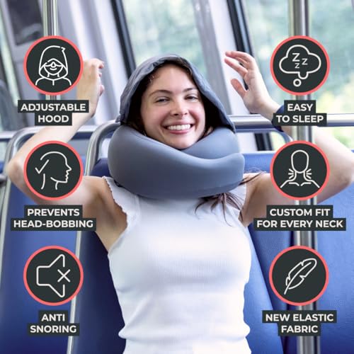 FlyHugz® 2.0 Hooded Travel Pillow – 2026 Original Release – Memory Foam Neck Pillow with Adjustable Hood & Premium Elastic Washable Cover – First Class Comfort for Flights, Road Trips & Sleep-Gray. - Image 5