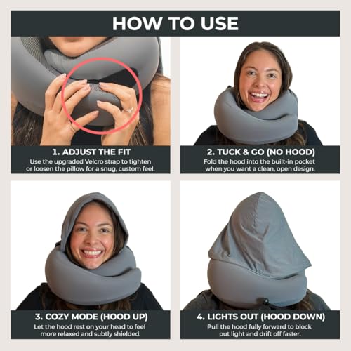 FlyHugz® 2.0 Hooded Travel Pillow – 2026 Original Release – Memory Foam Neck Pillow with Adjustable Hood & Premium Elastic Washable Cover – First Class Comfort for Flights, Road Trips & Sleep-Gray. - Image 4