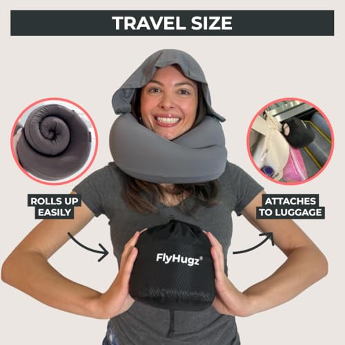 FlyHugz® 2.0 Hooded Travel Pillow – 2026 Original Release – Memory Foam Neck Pillow with Adjustable Hood & Premium Elastic Washable Cover – First Class Comfort for Flights, Road Trips & Sleep-Gray. - Image 2