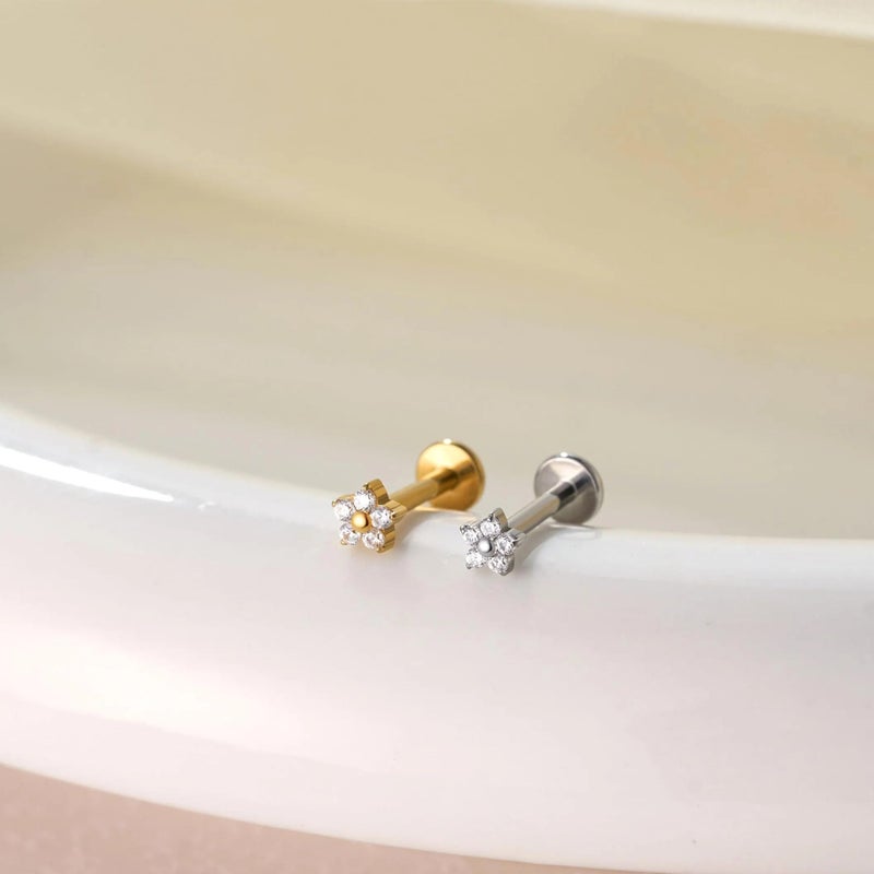 ShineRose Flat Back Stud Cartilage Tragus Helix Nose Piercing Earrings Jewelry For Women Conch Threadless 18G Titanium Surgical Steel Hypoallergenic 14K Gold plated CZ Silver Small Tiny Studs (Silver, Flower) - Image 5