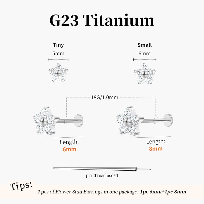ShineRose Flat Back Stud Cartilage Tragus Helix Nose Piercing Earrings Jewelry For Women Conch Threadless 18G Titanium Surgical Steel Hypoallergenic 14K Gold plated CZ Silver Small Tiny Studs (Silver, Flower) - Image 2