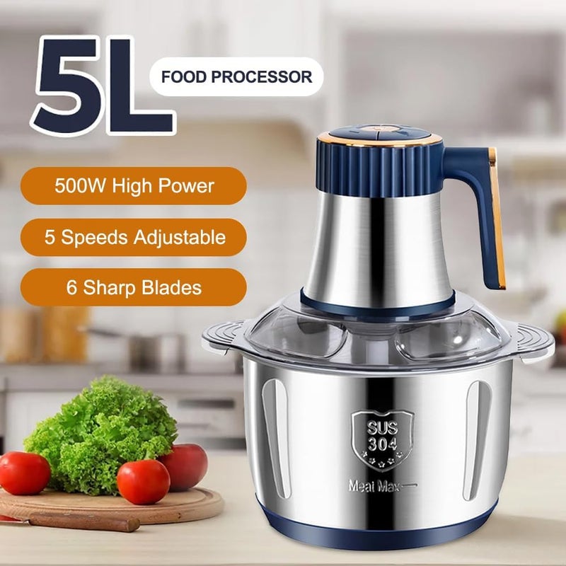 AMINAC Food Processor, 5 Speed Food Chopper Meat Grinder with 5L Stainless Steel Bowl, 6 Bi-Level Blades for Chopping, Grinding, Mincing, Whisking, Meal Prep, 500w, Blue - Image 2