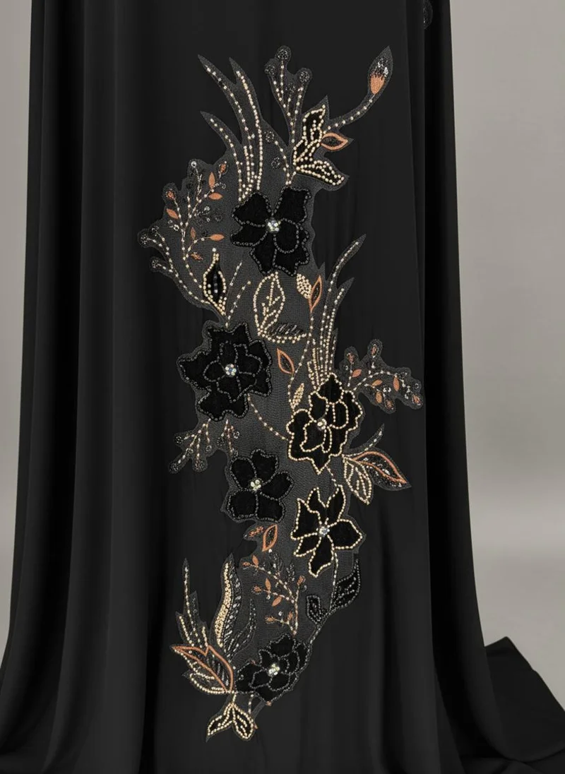 MSquare Fashion  Premium Black Korean Nida Abaya I Elegant Handwork & Lace Floral Embroidery with Chiffon Headscarf for Women | Best Price UAE