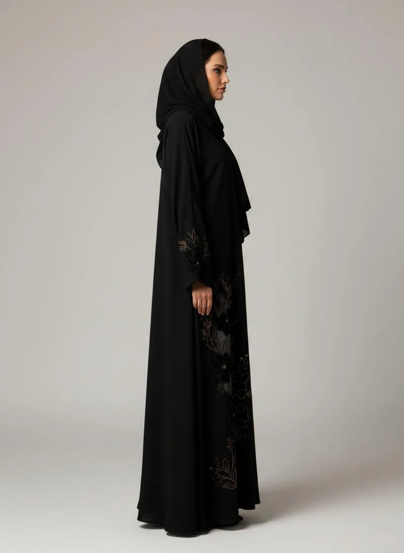 MSquare Fashion  Premium Black Korean Nida Abaya I Elegant Handwork & Lace Floral Embroidery with Chiffon Headscarf for Women | Best Price UAE