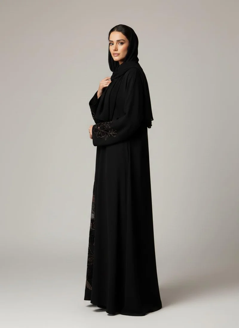أم سكوير فاشن Premium Black Korean Nida Abaya â€“ Elegant Handwork & Lace Floral Embroidery with Chiffon Headscarf