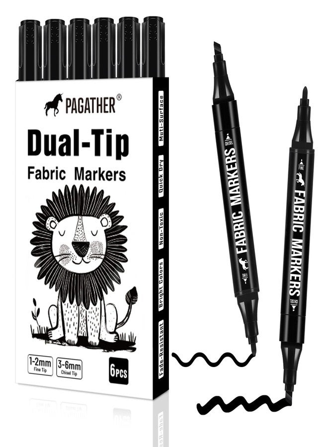 Pagather 6 Black Fabric Markers with Dual Tips, Permanent Ink Vibrant and Bold Colors Fabric Markers for Clothes, Fine Point and Chisel Point Tips (Black) - Image 1