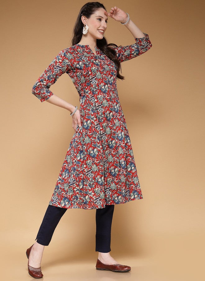 Indibelle Floral Printed A-Line Pure Cotton Kurta in Maroon - Image 3