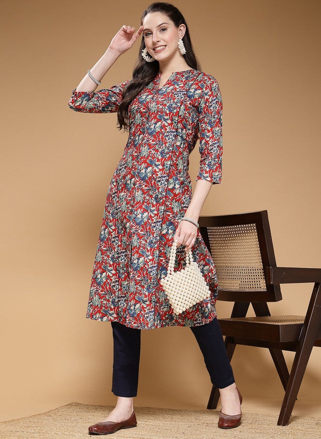Indibelle Floral Printed A-Line Pure Cotton Kurta in Maroon - Image 1