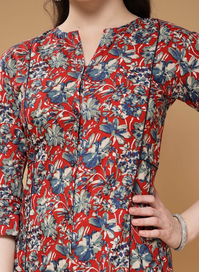 Indibelle Floral Printed A-Line Pure Cotton Kurta in Maroon - Image 2