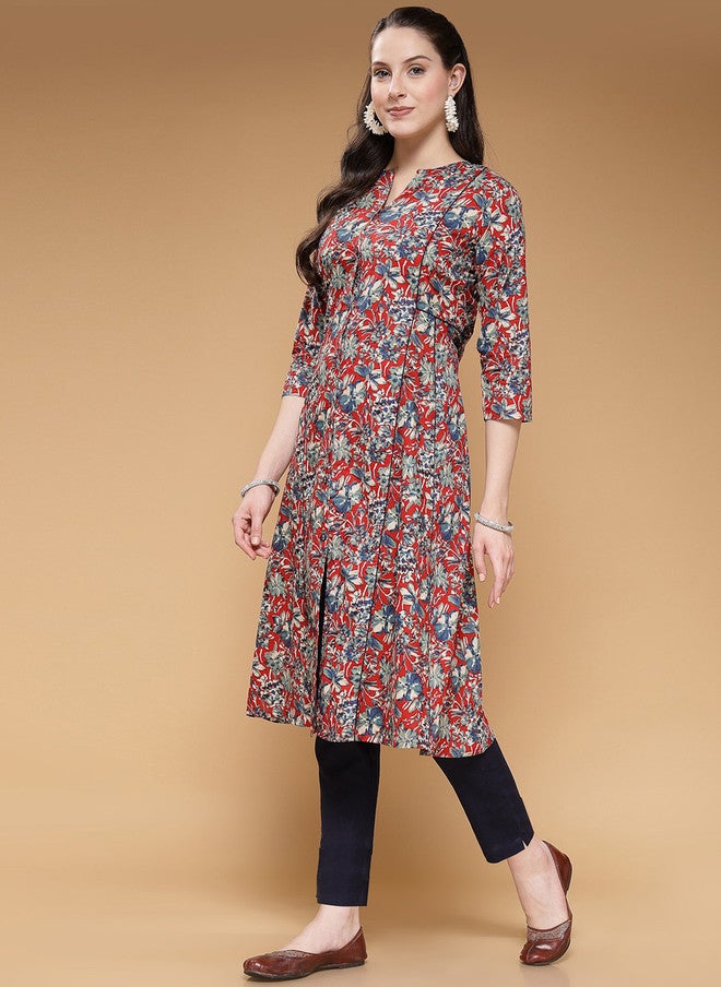 Indibelle Floral Printed A-Line Pure Cotton Kurta in Maroon - Image 4