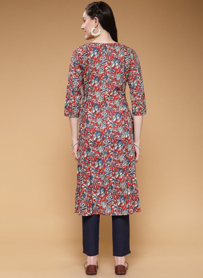 Indibelle Floral Printed A-Line Pure Cotton Kurta in Maroon - Image 5