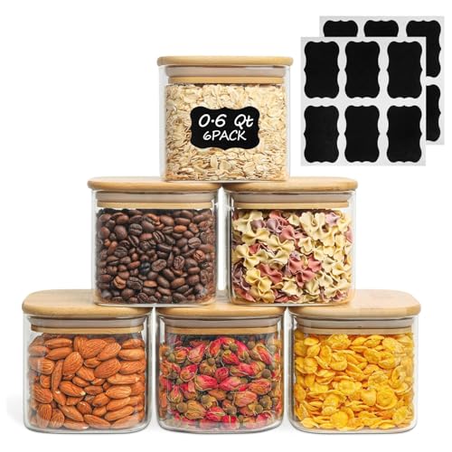 ComSaf 06 Qt Glass Food Storage Jars Set of 6 Clear Storage Containers with Airtight Lids Pantry Organization Jar Spice Jar Blooming Tea Coffee and Sugar Container Canister Set for Kitchen - Image 1