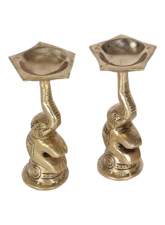 Two Moustaches 4 Inches Brass Diya Over Elephant Trunk, Brass Diya, Brass Decorative Oil Lamps, Brass Diyas for Gifting, Diyas for Housewarming, Brass Decor, Pack of 2, Antique White - Image 1