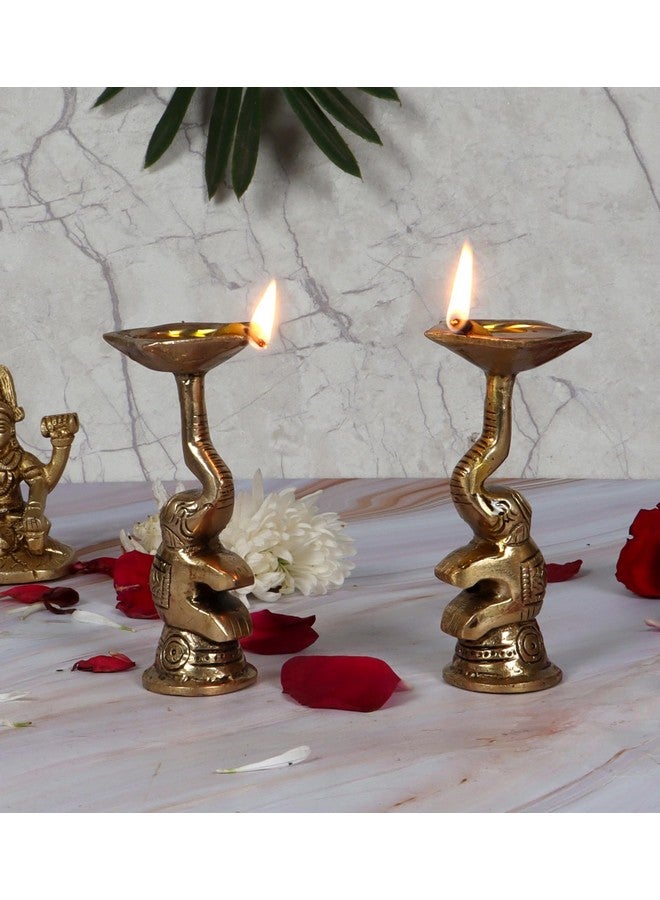 Two Moustaches 4 Inches Brass Diya Over Elephant Trunk, Brass Diya, Brass Decorative Oil Lamps, Brass Diyas for Gifting, Diyas for Housewarming, Brass Decor, Pack of 2, Antique White - Image 2