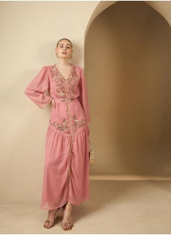 Styli Embroidered Pleated V-Neck Kaftan with Belt  - Image 1