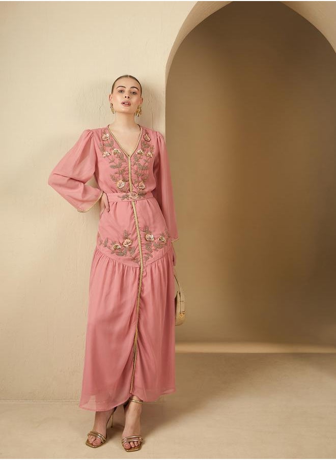 Styli Embroidered Pleated V-Neck Kaftan with Belt  - Image 1