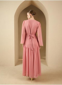 Styli Embroidered Pleated V-Neck Kaftan with Belt  - Image 5