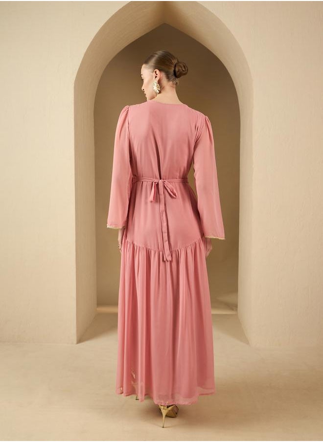 Styli Embroidered Pleated V-Neck Kaftan with Belt  - Image 5