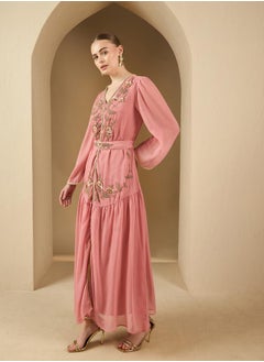 Styli Embroidered Pleated V-Neck Kaftan with Belt  - Image 3