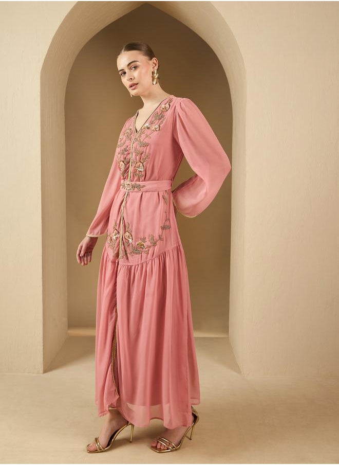 Styli Embroidered Pleated V-Neck Kaftan with Belt  - Image 3