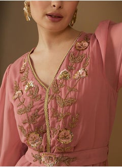 Styli Embroidered Pleated V-Neck Kaftan with Belt  - Image 4