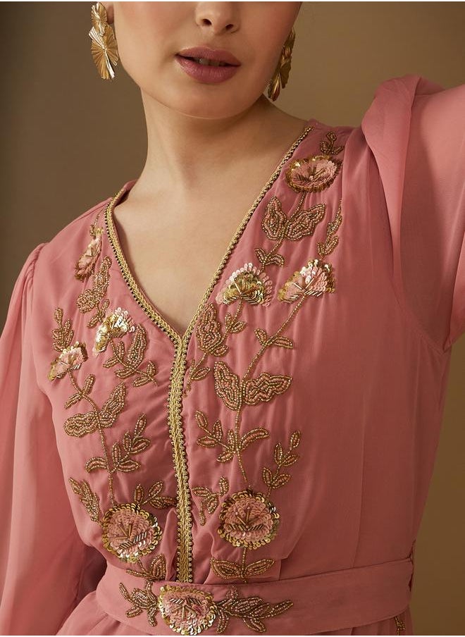 Styli Embroidered Pleated V-Neck Kaftan with Belt  - Image 4
