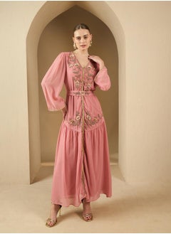 Styli Embroidered Pleated V-Neck Kaftan with Belt  - Image 2