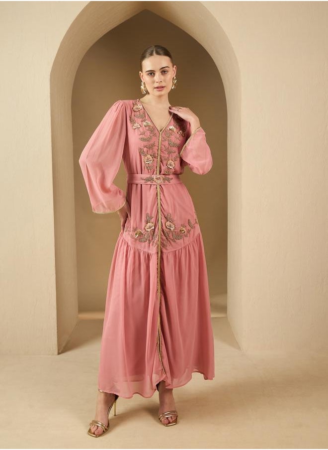 Styli Embroidered Pleated V-Neck Kaftan with Belt  - Image 2