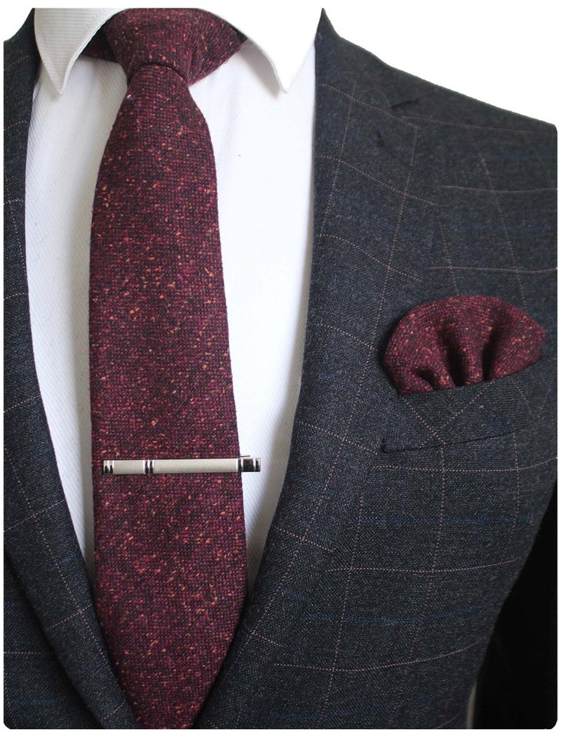 JEMYGINS Burgundy Cashmere Wool Necktie and Pocket Square, Hankerchief and Tie Clip Sets for Men (4) - Image 1