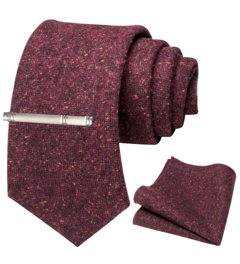 JEMYGINS Burgundy Cashmere Wool Necktie and Pocket Square, Hankerchief and Tie Clip Sets for Men (4) - Image 2