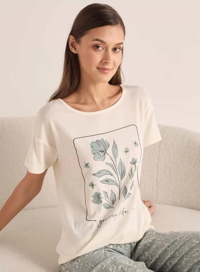 FAV Floral Print Short Sleeve T-shirt and Pyjama Set