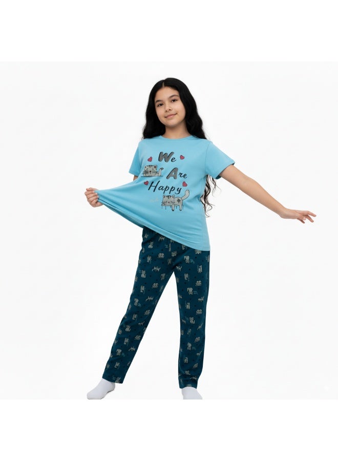 جوانا طقم بيجاما بناتي بطبعة نحن سعداء، قميص بأكمام قصيرة وبنطال طويل، أزرق - Image 2